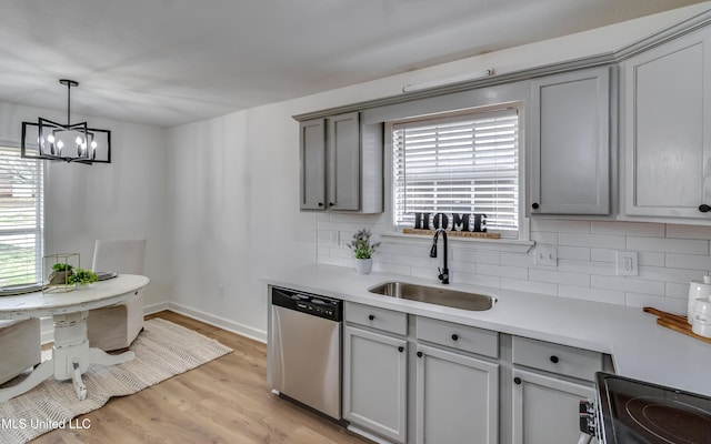 kitchen with range with electric stovetop, light countertops, gray cabinetry, a sink, and dishwasher