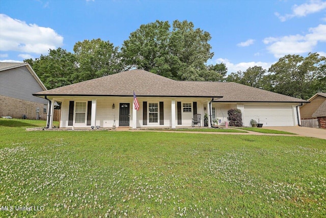 view of front of property with a shingled roof, a front lawn, a garage, a porch, and concrete driveway