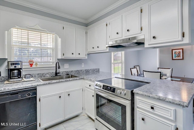 kitchen featuring stainless steel electric range, under cabinet range hood, white cabinets, a sink, and dishwasher