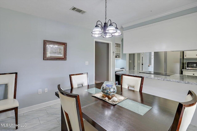dining area with visible vents, a notable chandelier, baseboards, marble finish floor, and ornamental molding