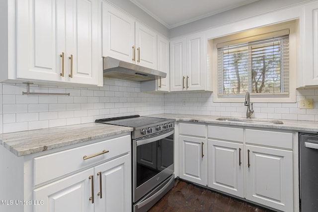 kitchen featuring ornamental molding, under cabinet range hood, a sink, stainless steel electric range, and dishwasher