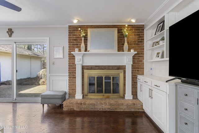 living room with crown molding, a wainscoted wall, a fireplace, dark wood-style floors, and a decorative wall