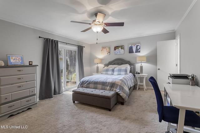 bedroom featuring light colored carpet, crown molding, ceiling fan, and access to outside