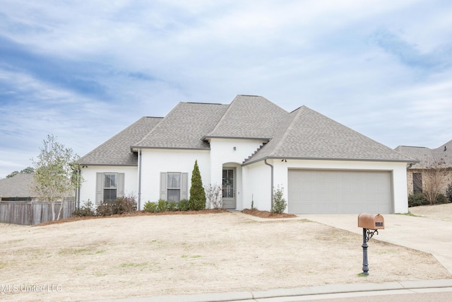 french country style house with a garage