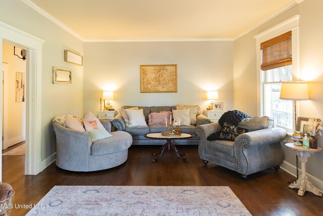 living room featuring dark hardwood / wood-style flooring and ornamental molding