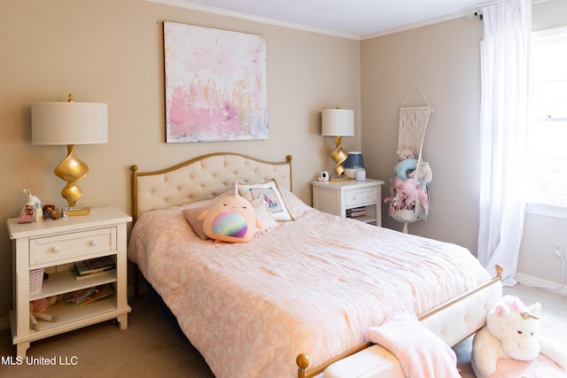 carpeted bedroom featuring crown molding