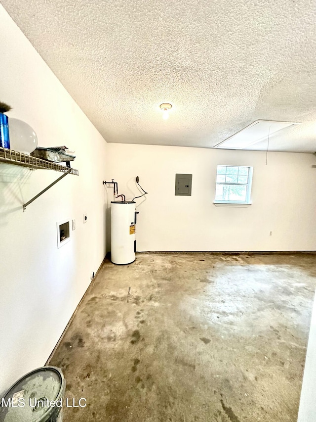 909 Orange St, Ocean Springs, MS 39564 - basement with electric water heater, electric panel, and a textured ceiling
