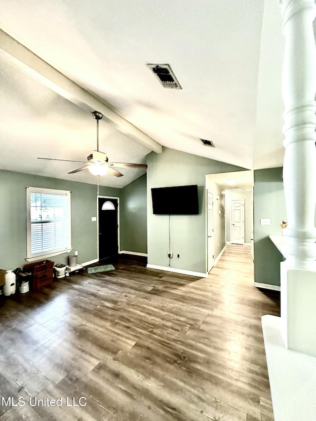 909 Orange St, Ocean Springs, MS 39564 - unfurnished living room with wood finished floors, ceiling fan, and baseboards