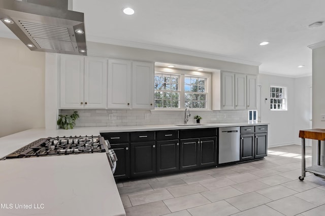 2123 Southwood Rd, Jackson, MS 39211 - kitchen featuring dishwasher, a sink, range hood, white cabinetry, and dark cabinetry
