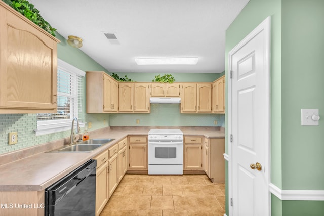 kitchen featuring black dishwasher, light countertops, white electric range, under cabinet range hood, and a sink