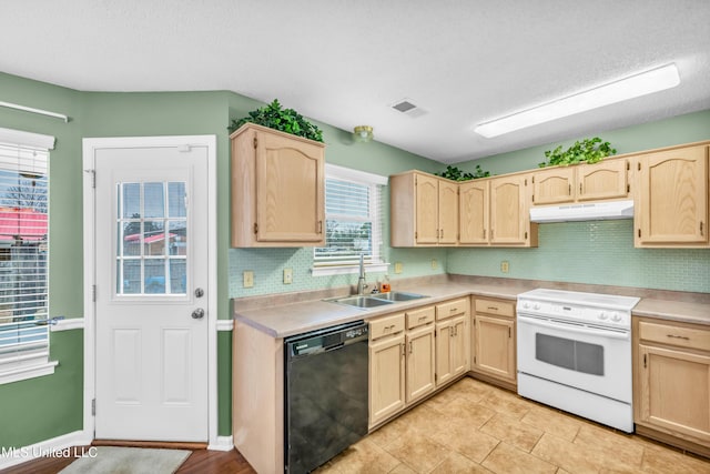 kitchen with white electric stove, light countertops, light brown cabinetry, a sink, and dishwasher