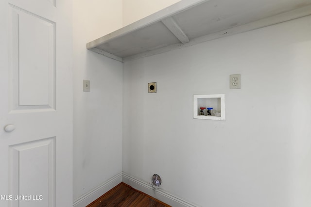 laundry area with hookup for a washing machine, laundry area, dark wood-style flooring, baseboards, and electric dryer hookup