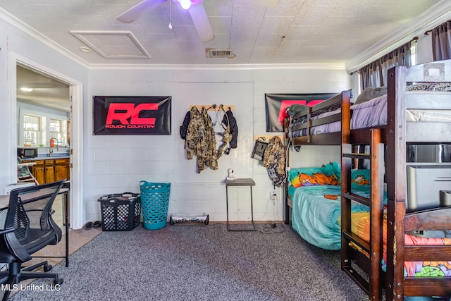 bedroom with crown molding and ceiling fan