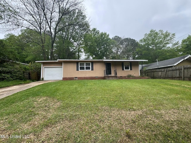 ranch-style house with crawl space, fence, a front lawn, an attached garage, and concrete driveway