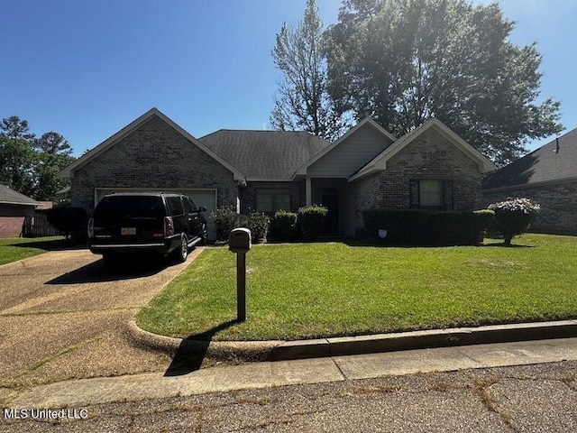 view of front of house featuring brick siding, a garage, a front yard, and concrete driveway