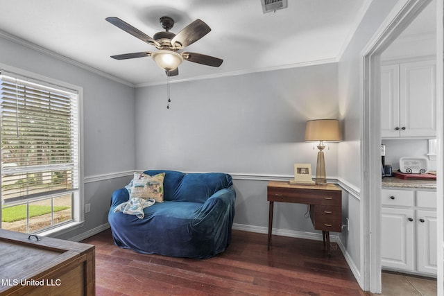 215 Cobblestone Dr, Madison, MS 39110 - living area featuring healthy amount of natural light, wood finished floors, ceiling fan, and ornamental molding