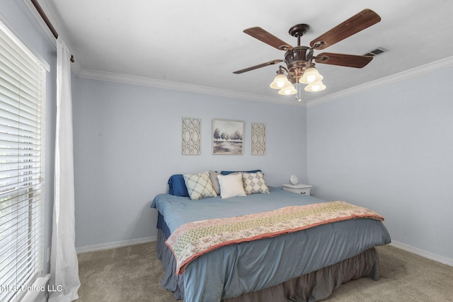 215 Cobblestone Dr, Madison, MS 39110 - bedroom with carpet, ornamental molding, and a ceiling fan