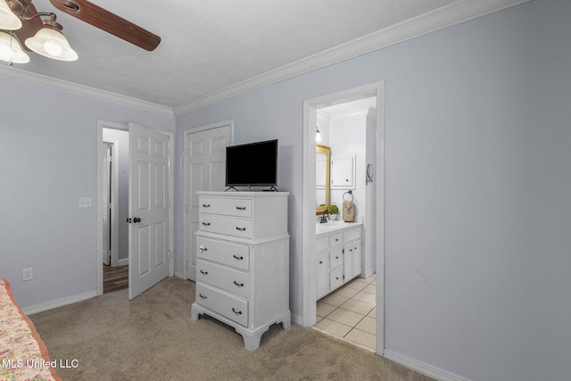 215 Cobblestone Dr, Madison, MS 39110 - bedroom featuring light colored carpet, crown molding, and connected bathroom