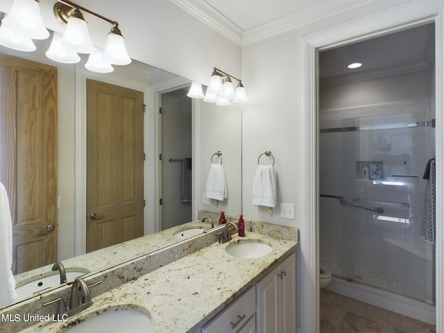 bathroom featuring an enclosed shower, ornamental molding, vanity, tile patterned flooring, and toilet