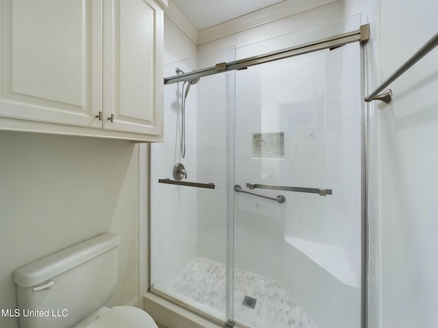 bathroom with an enclosed shower and toilet