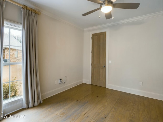 unfurnished room featuring ceiling fan, ornamental molding, and hardwood / wood-style flooring