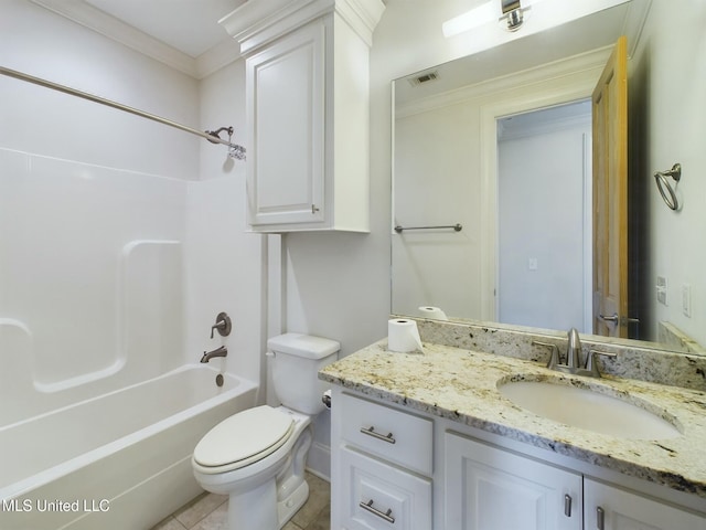 full bathroom with tile patterned flooring, bathing tub / shower combination, crown molding, toilet, and vanity