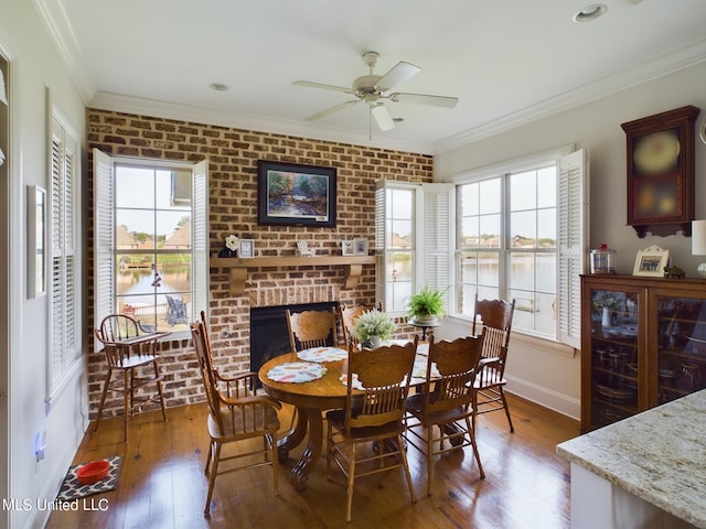 dining room with a fireplace, a water view, dark hardwood / wood-style floors, and ornamental molding