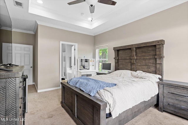 21915 Huntington Forest Dr, Saucier, MS 39574 - bedroom with light carpet, ornamental molding, baseboards, recessed lighting, and a tray ceiling