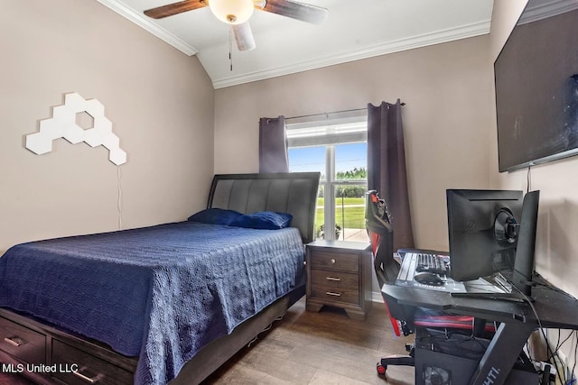 21915 Huntington Forest Dr, Saucier, MS 39574 - bedroom with crown molding, wood finished floors, an office area, and a ceiling fan