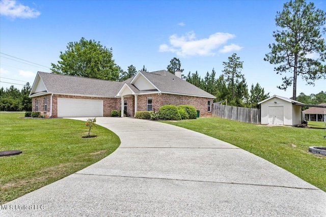 21915 Huntington Forest Dr, Saucier, MS 39574 - ranch-style house with brick siding, concrete driveway, an attached garage, and a chimney
