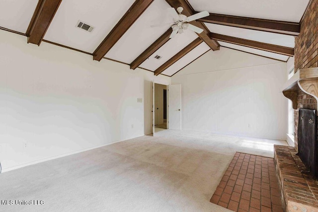 unfurnished living room featuring vaulted ceiling with beams, ceiling fan, carpet floors, and visible vents