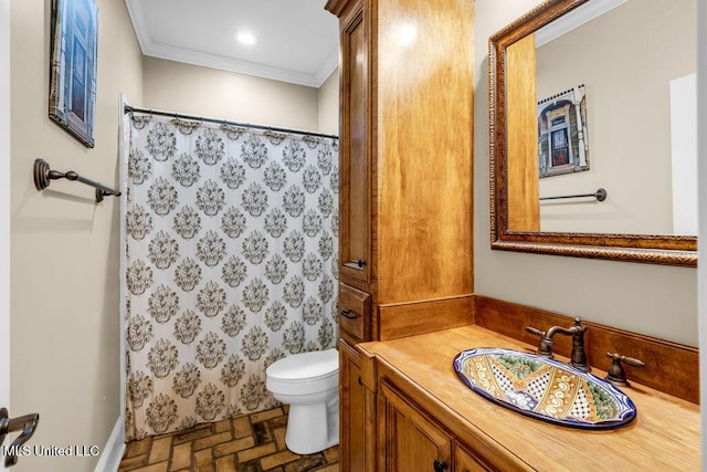 769 Mclane Ln, Biloxi, MS 39532 - full bath with vanity, brick floors, crown molding, and a shower with curtain