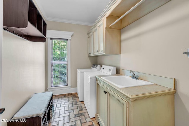 769 Mclane Ln, Biloxi, MS 39532 - washroom with independent washer and dryer, cabinet space, brick patterned flooring, and ornamental molding