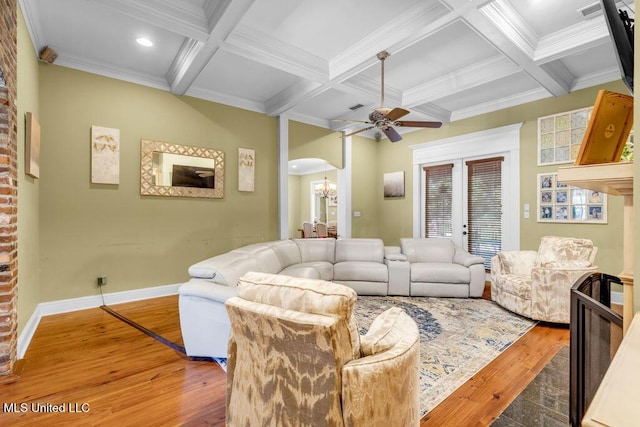 769 Mclane Ln, Biloxi, MS 39532 - living room with wood-type flooring, beamed ceiling, french doors, coffered ceiling, and ornamental molding