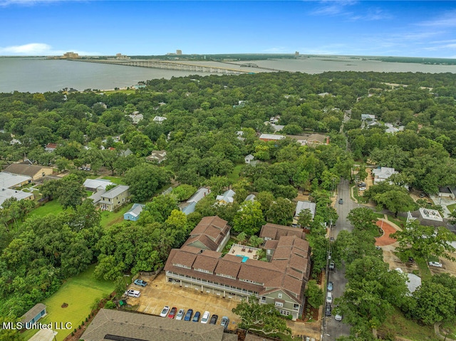 aerial view featuring a water view