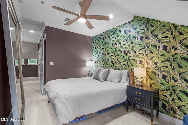 carpeted bedroom featuring ornamental molding and ceiling fan