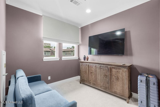 living room featuring light carpet and ornamental molding