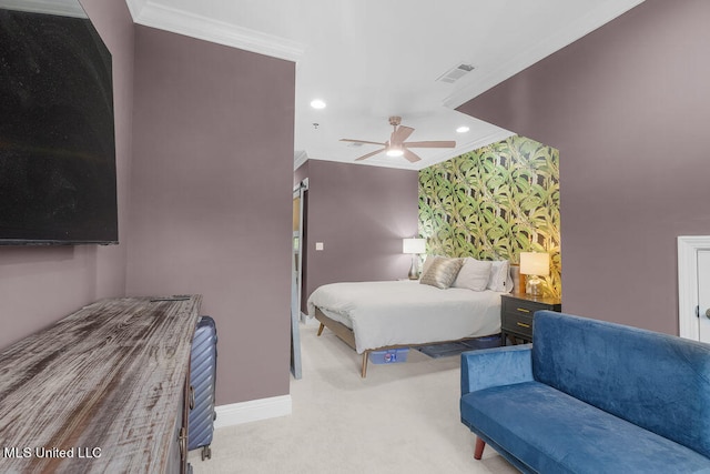 bedroom with light carpet, ornamental molding, and ceiling fan