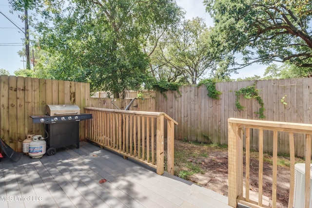 view of patio / terrace with a fenced backyard, a wooden deck, and grilling area