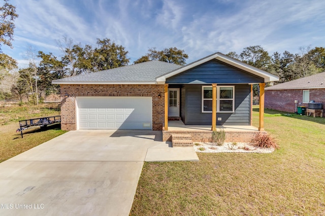 single story home with a garage, concrete driveway, a front lawn, a porch, and brick siding