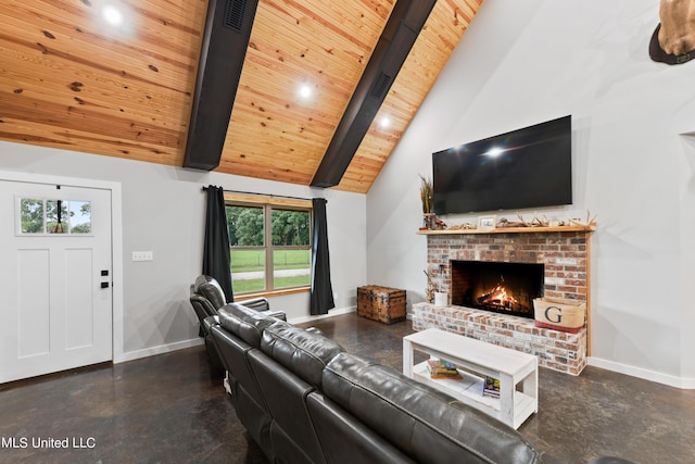 living area with high vaulted ceiling, wooden ceiling, baseboards, and beam ceiling