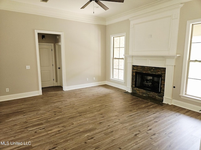 119 Hemlock Ln, Madison, MS 39110 - unfurnished living room featuring a ceiling fan, ornamental molding, dark wood finished floors, and a high end fireplace