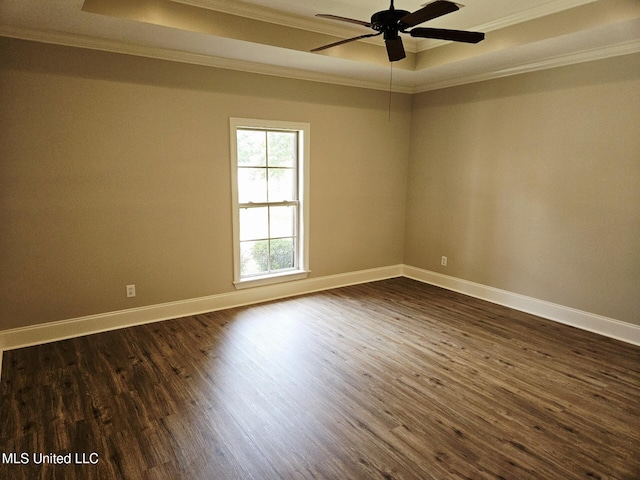 119 Hemlock Ln, Madison, MS 39110 - unfurnished room with a raised ceiling, crown molding, dark wood finished floors, and a ceiling fan