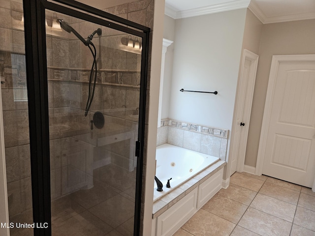 119 Hemlock Ln, Madison, MS 39110 - full bath with a whirlpool tub, a stall shower, ornamental molding, and tile patterned floors