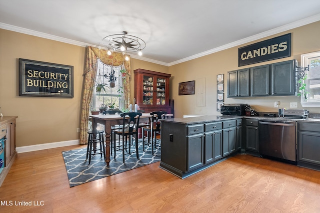 kitchen featuring dishwasher, dark stone counters, kitchen peninsula, crown molding, and light hardwood / wood-style flooring