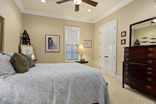 3 Rue Orleans Ct, Long Beach, MS 39560 - bedroom featuring carpet floors, crown molding, a ceiling fan, baseboards, and recessed lighting