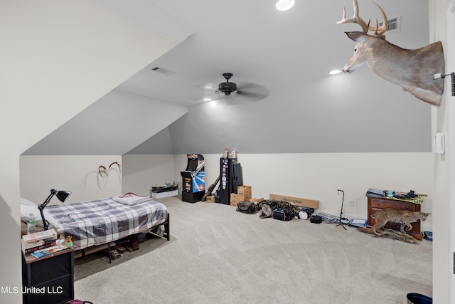 bedroom featuring ceiling fan, lofted ceiling, and carpet floors