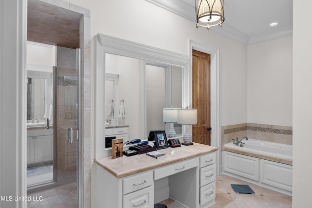 bathroom with vanity, separate shower and tub, ornamental molding, and tile patterned flooring