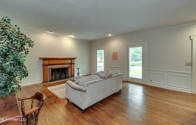 living room featuring crown molding and wood-type flooring