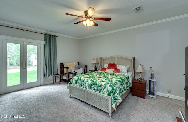 carpeted bedroom featuring french doors, ornamental molding, access to exterior, and ceiling fan